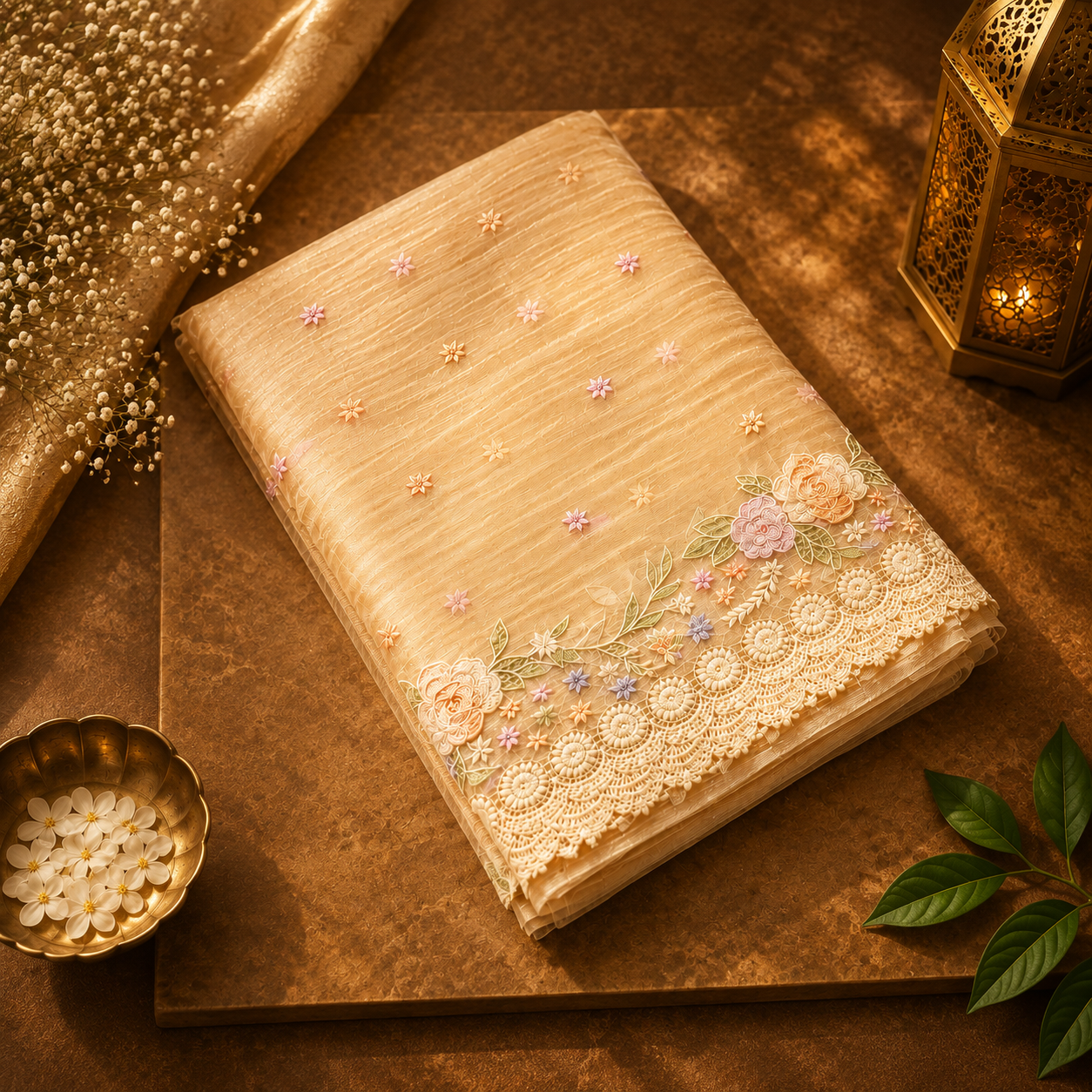 Ivorygold Bloom — Semi Organza Saree with Floral Thread Embroidery