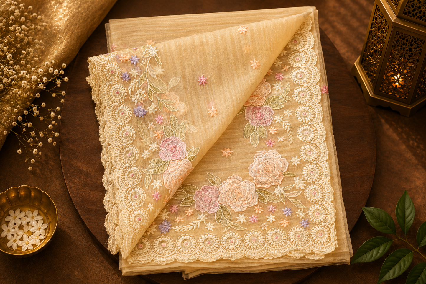 Ivorygold Bloom — Semi Organza Saree with Floral Thread Embroidery