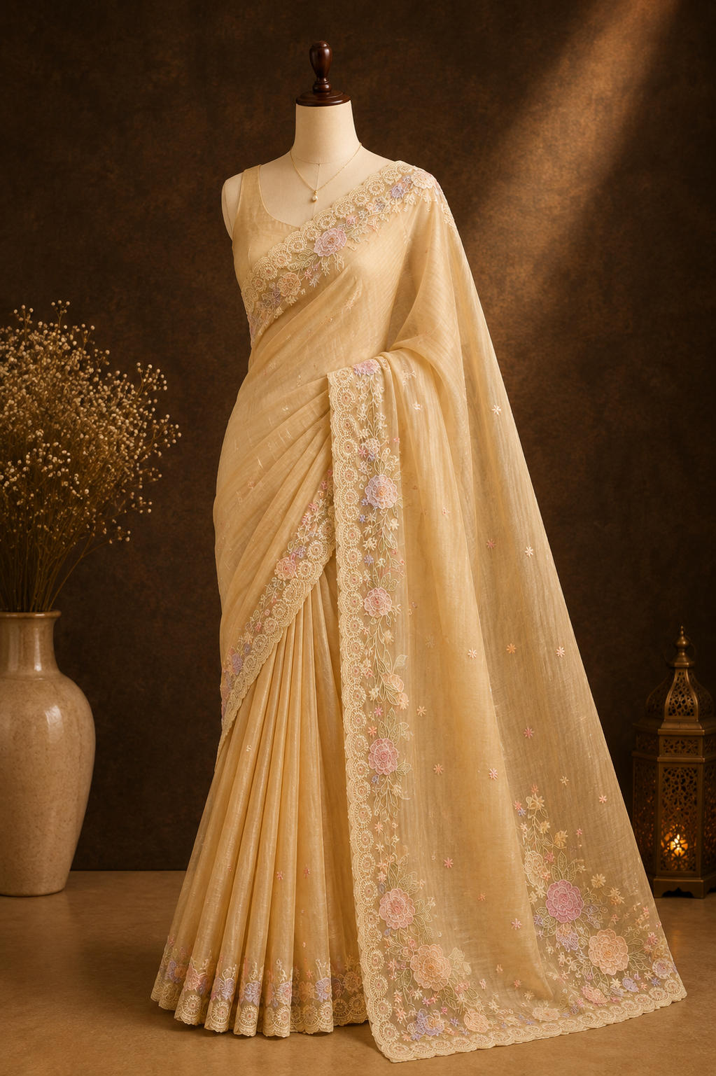Ivorygold Bloom — Semi Organza Saree with Floral Thread Embroidery