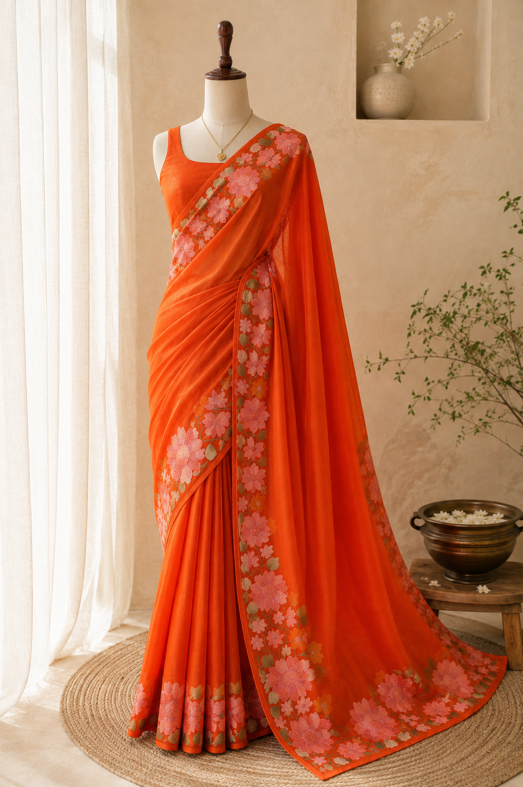 Tangerine Organza Floral Embroidery Saree