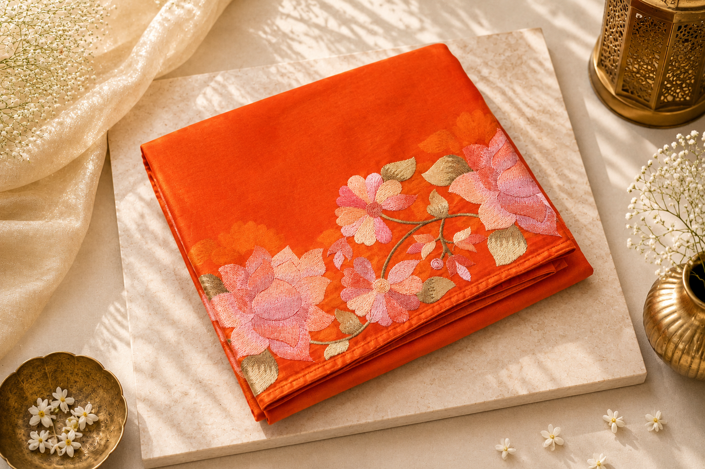 Tangerine Organza Floral Embroidery Saree