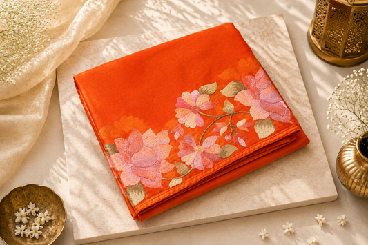 Tangerine Organza Floral Embroidery Saree