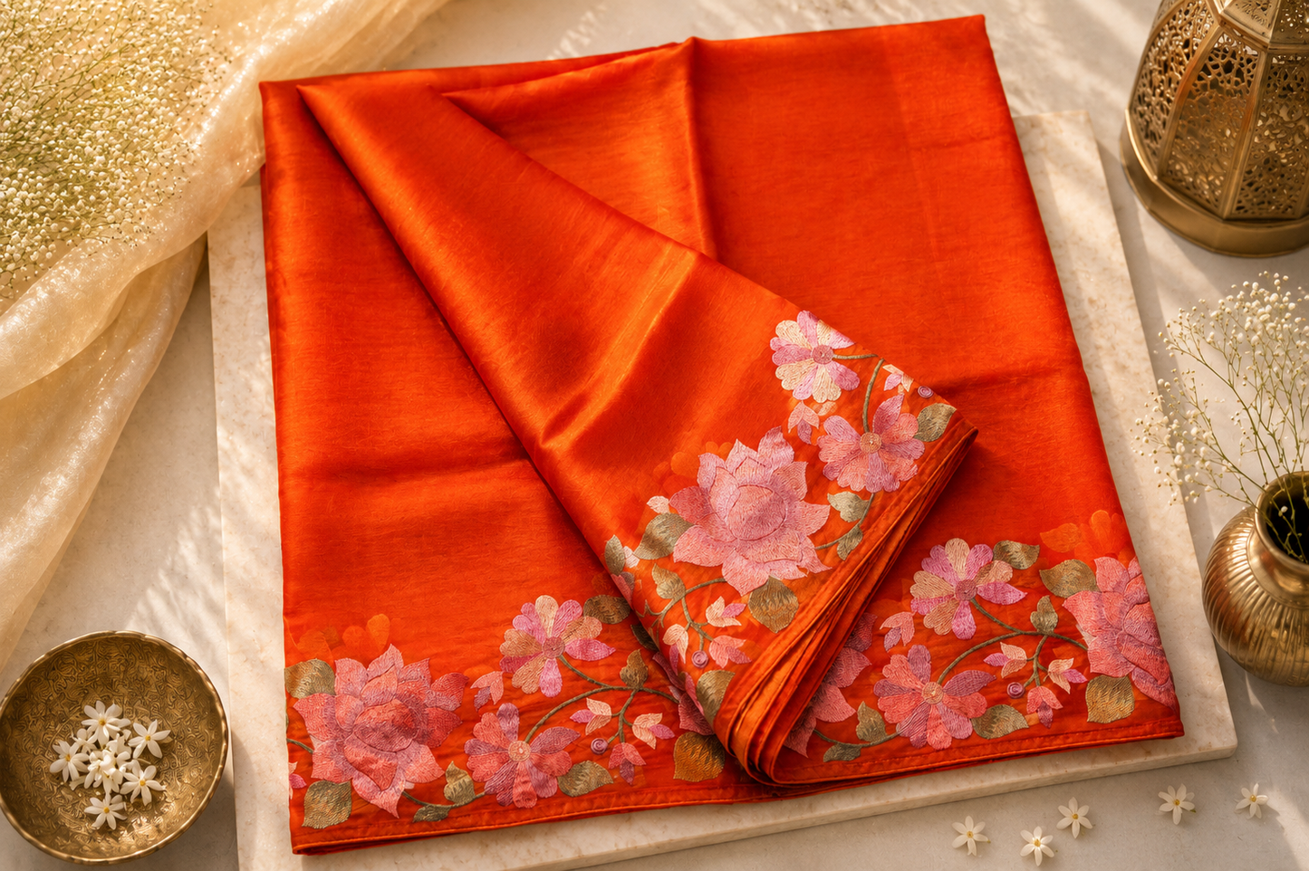 Tangerine Organza Floral Embroidery Saree