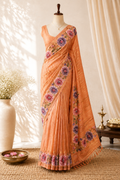 Peach Tussar Silk Saree with Parsi Peony Floral Border and Self-Woven Gold Zari Stripes