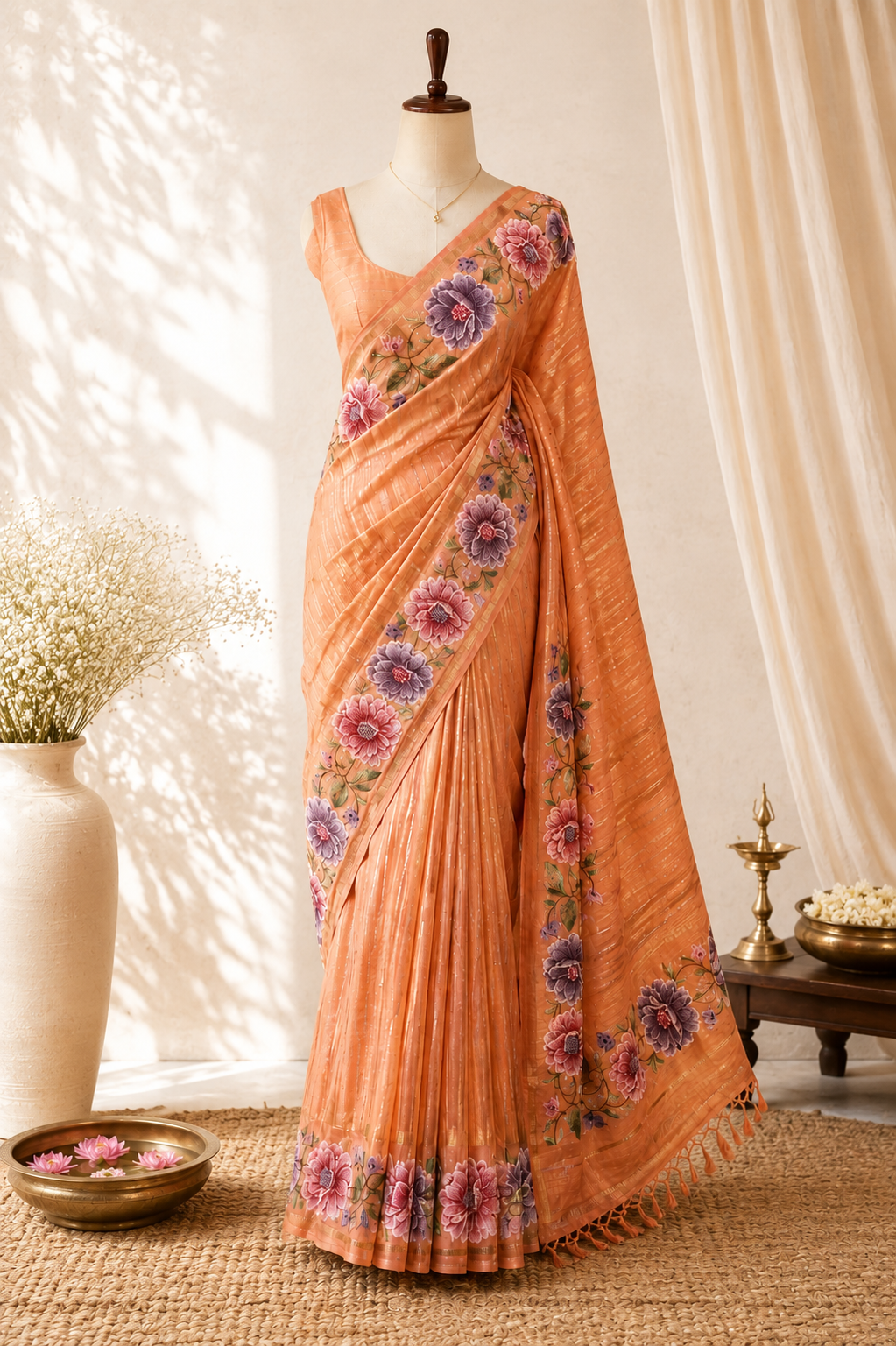 Peach Tussar Silk Saree with Parsi Peony Floral Border and Self-Woven Gold Zari Stripes