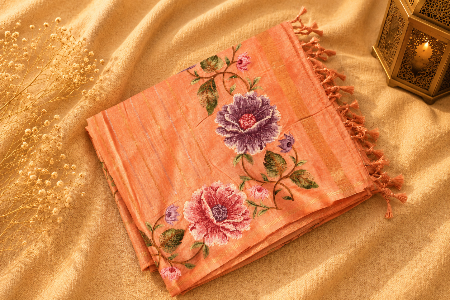 Peach Tussar Silk Saree with Parsi Peony Floral Border and Self-Woven Gold Zari Stripes