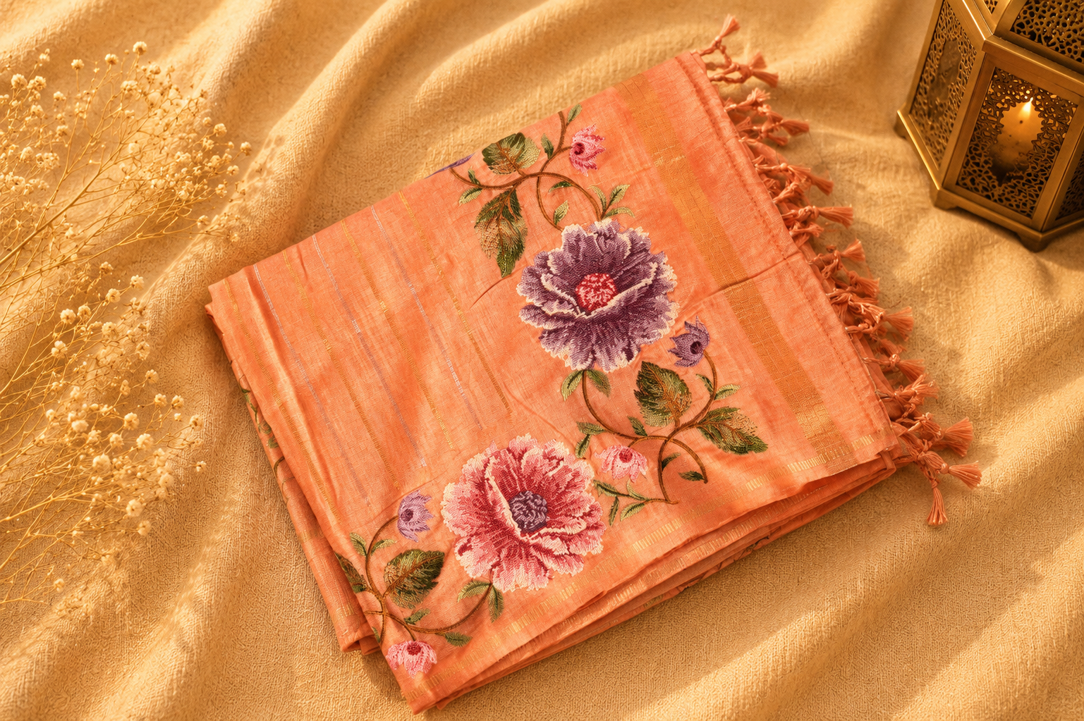 Peach Tussar Silk Saree with Parsi Peony Floral Border and Self-Woven Gold Zari Stripes