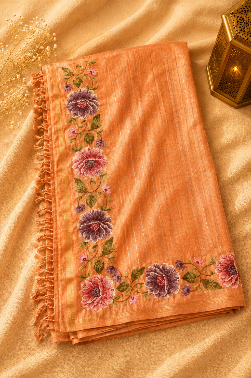 Peach Tussar Silk Saree with Parsi Peony Floral Border and Self-Woven Gold Zari Stripes