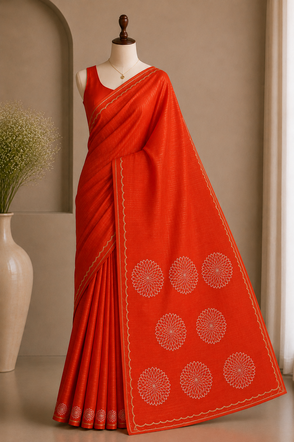 Rust Orange Organza Saree with Silver Stripes