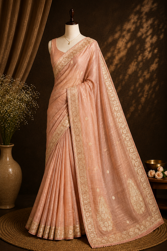 Peach Trail — Semi Organza Saree with Thread Embroidery