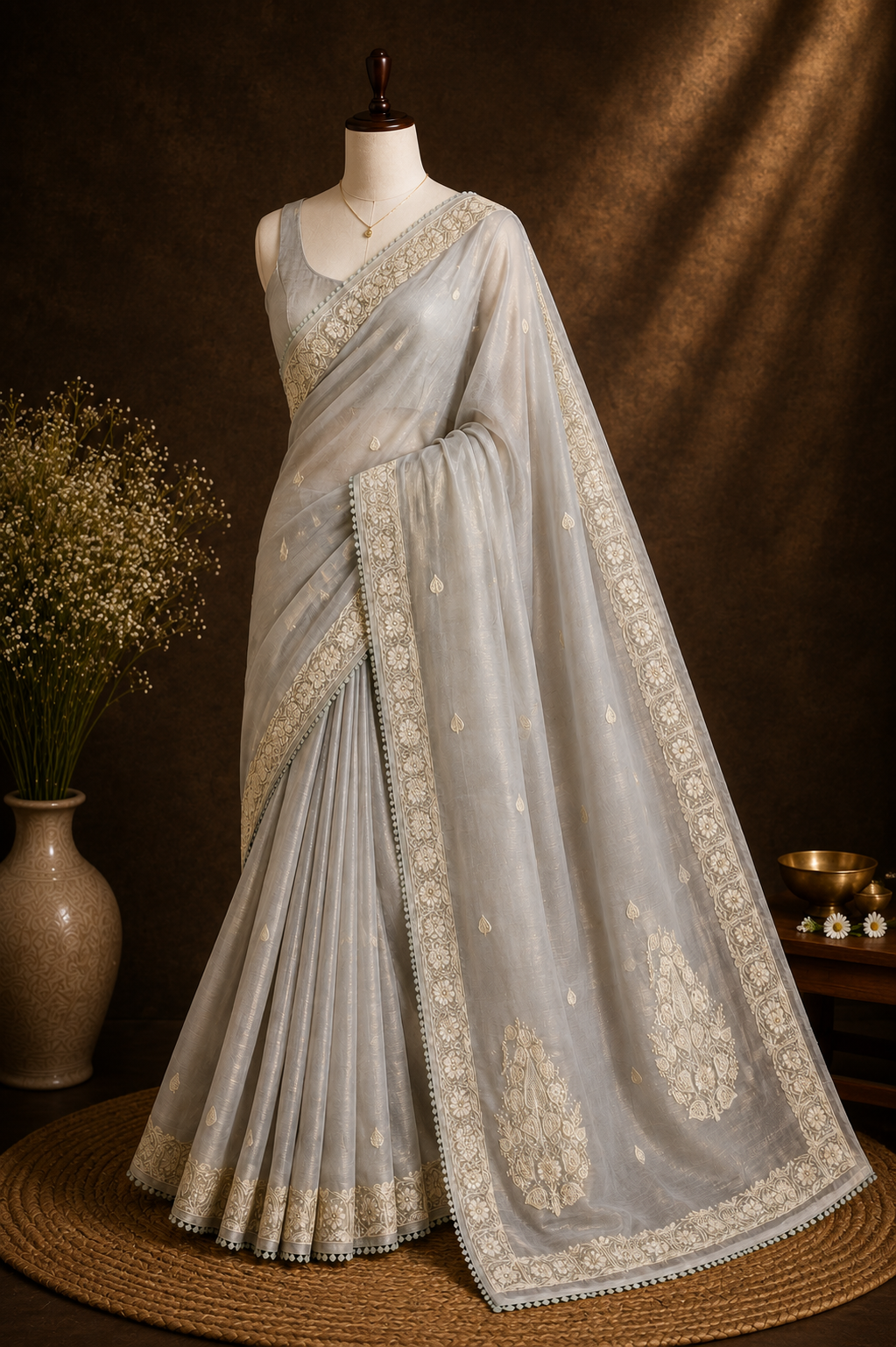 Sagewood Trail — Semi Organza Saree with Thread Embroidery