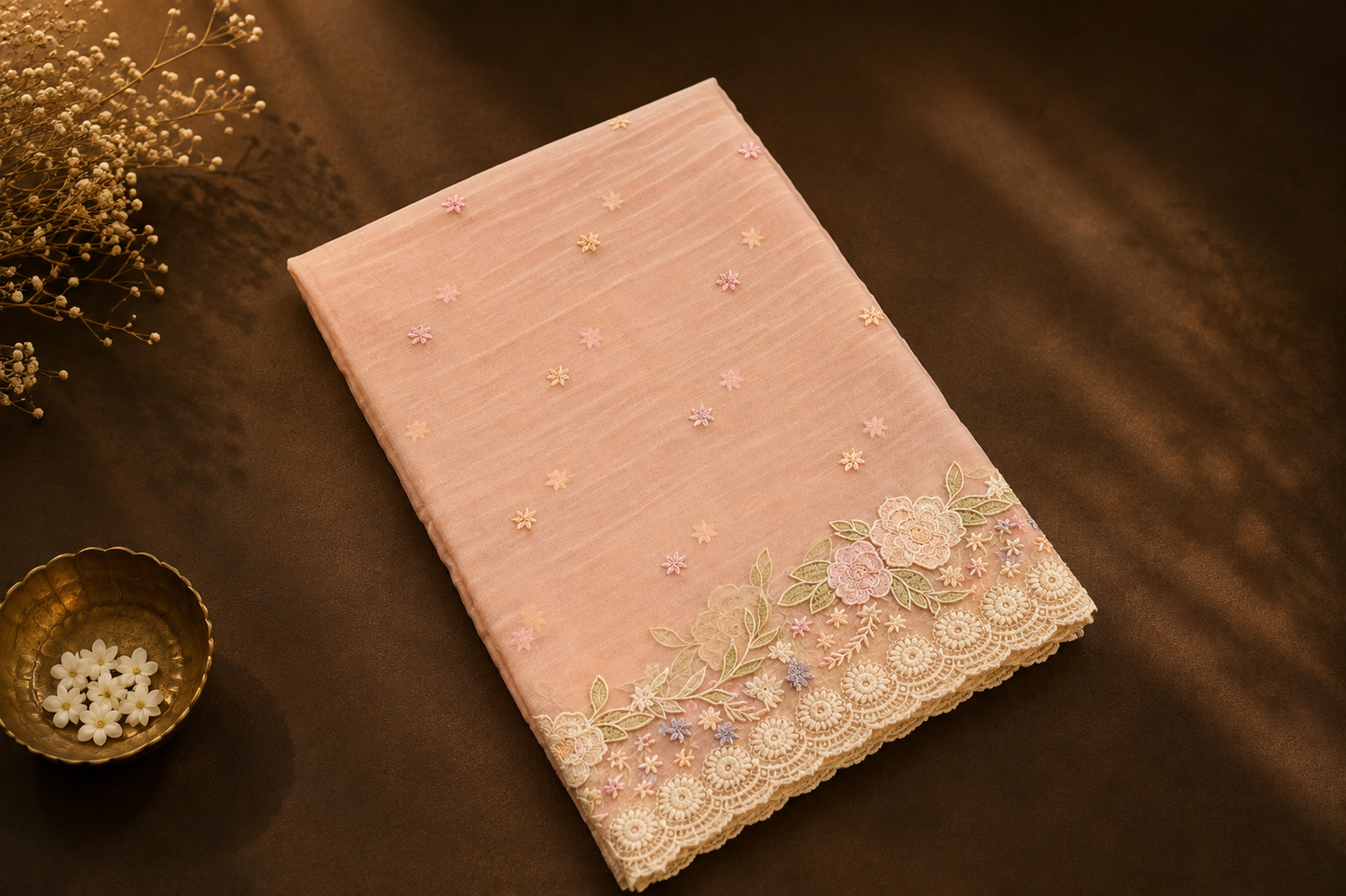 Peach Blossom — Semi Organza Saree with Floral Thread Embroidery