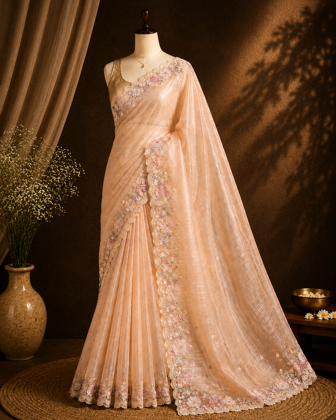Peach Blossom — Semi Organza Saree with Floral Thread Embroidery