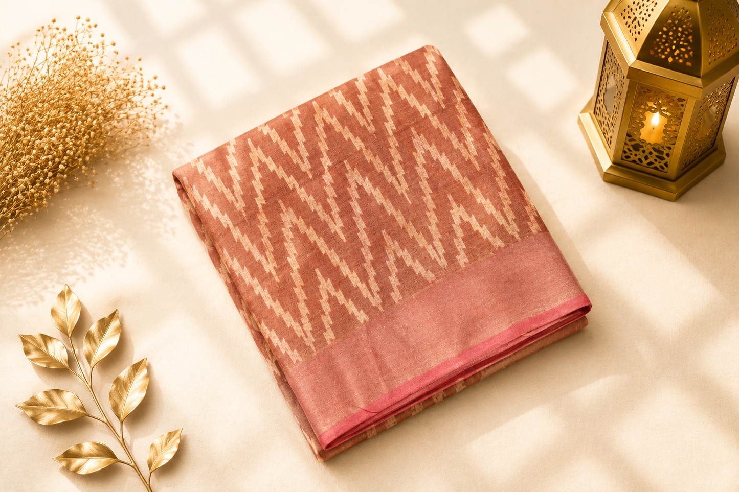 Rust Tussar Silk Saree with Woven Ikat Chevron Body