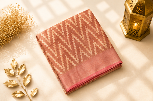 Rust Tussar Silk Saree with Woven Ikat Chevron Body
