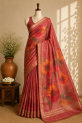 Onion Pink Tussar Silk Saree with Digital Floral Print