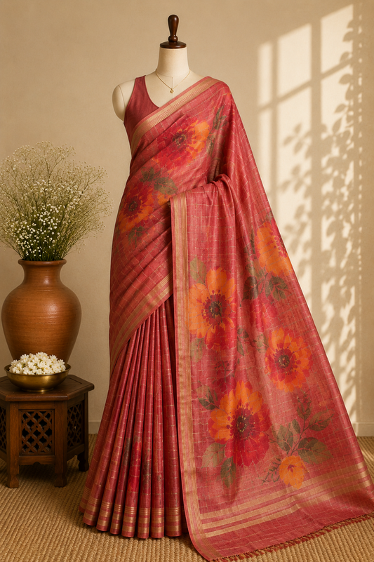 Onion Pink Tussar Silk Saree with Digital Floral Print