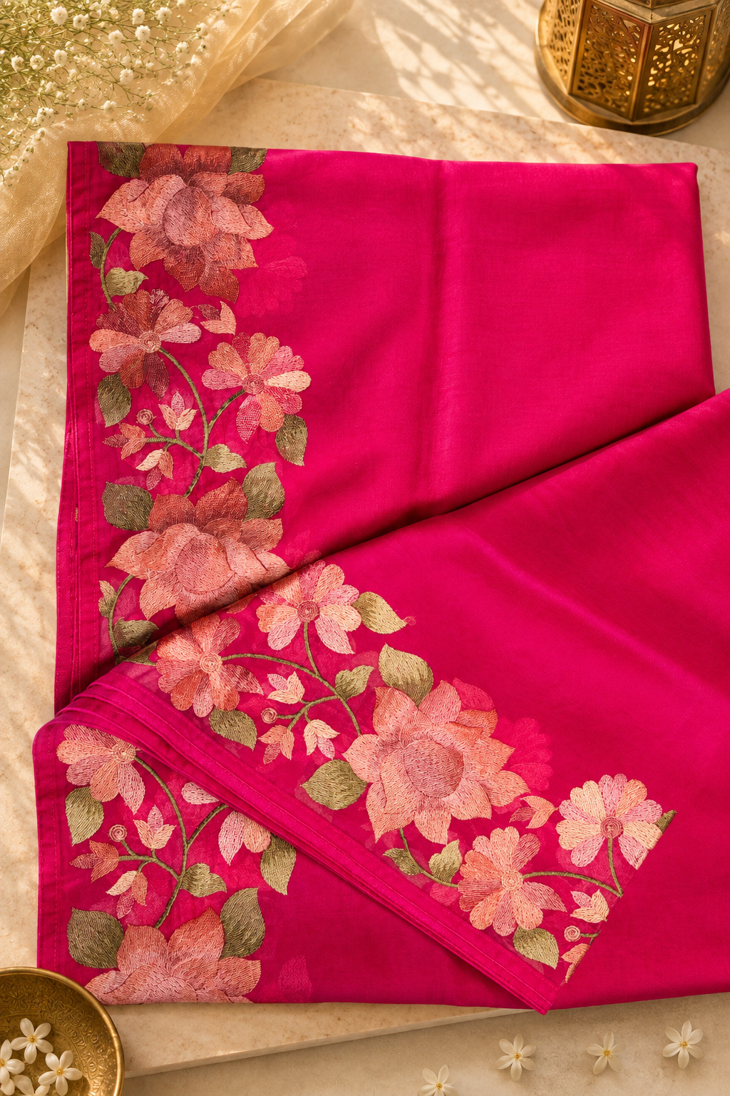 Fuchsia Organza Floral Embroidery Saree