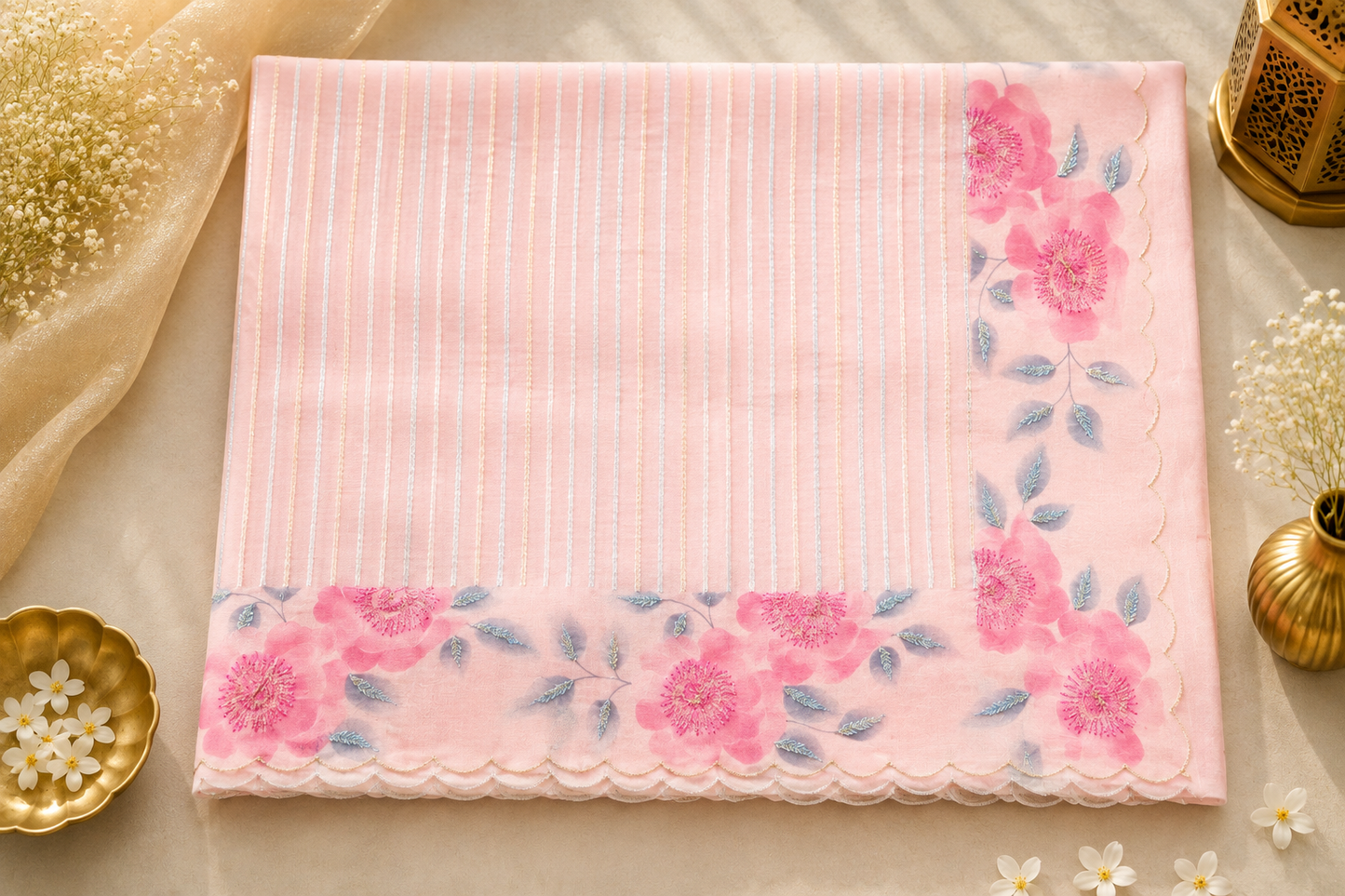 Pastel Pink Organza Saree with Silver Stripes