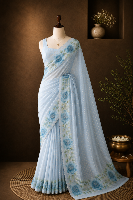 Powder Blue Organza Saree with Silver Stripes