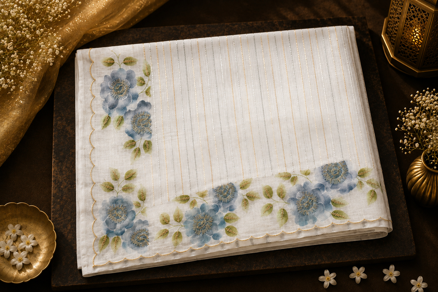 Powder Blue Organza Saree with Silver Stripes
