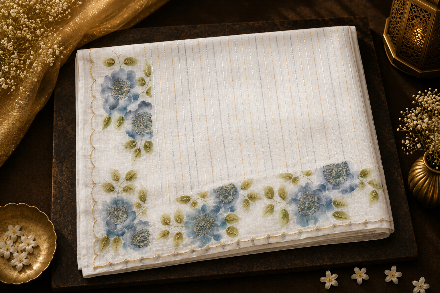 Powder Blue Organza Saree with Silver Stripes