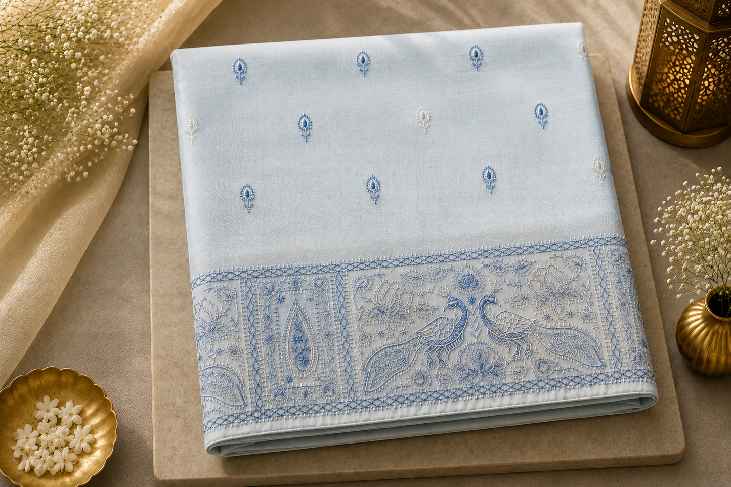 Pale Ice-Blue Embroidered Organza Saree