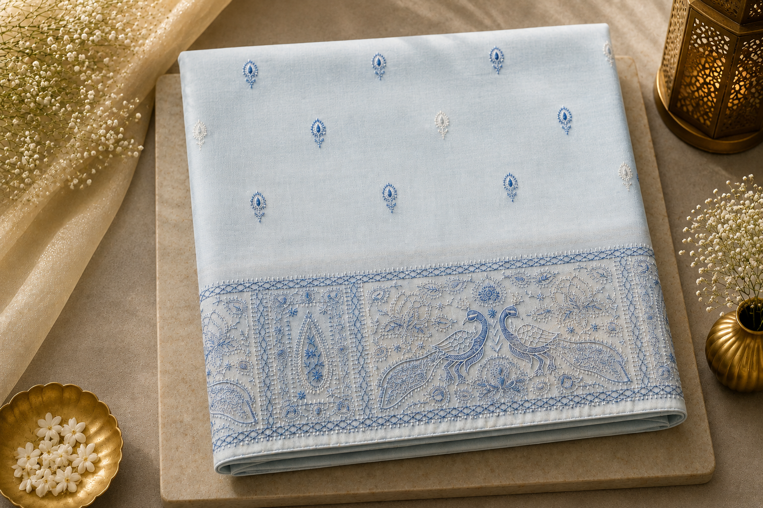 Pale Ice-Blue Embroidered Organza Saree