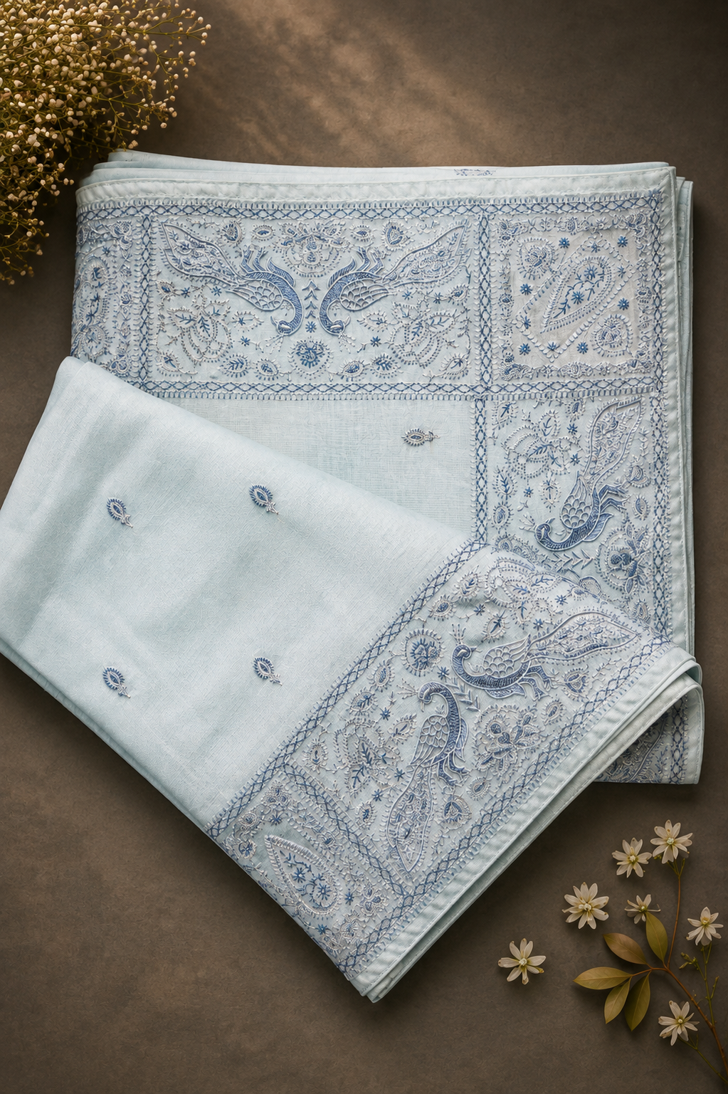 Pale Ice-Blue Embroidered Organza Saree