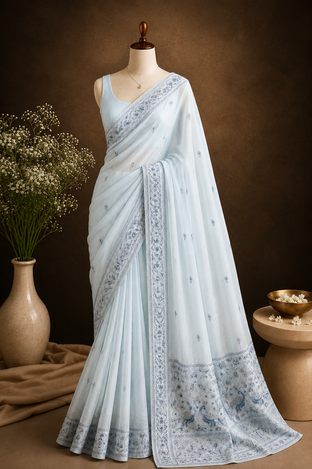 Pale Ice-Blue Embroidered Organza Saree