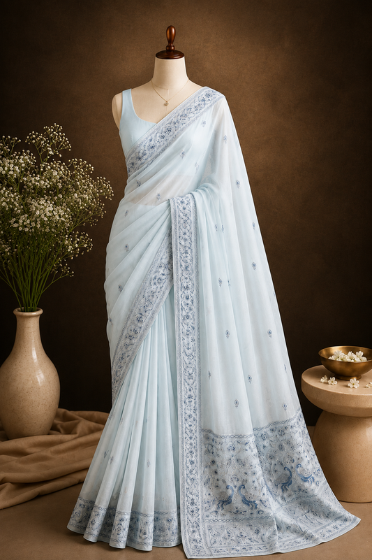 Pale Ice-Blue Embroidered Organza Saree