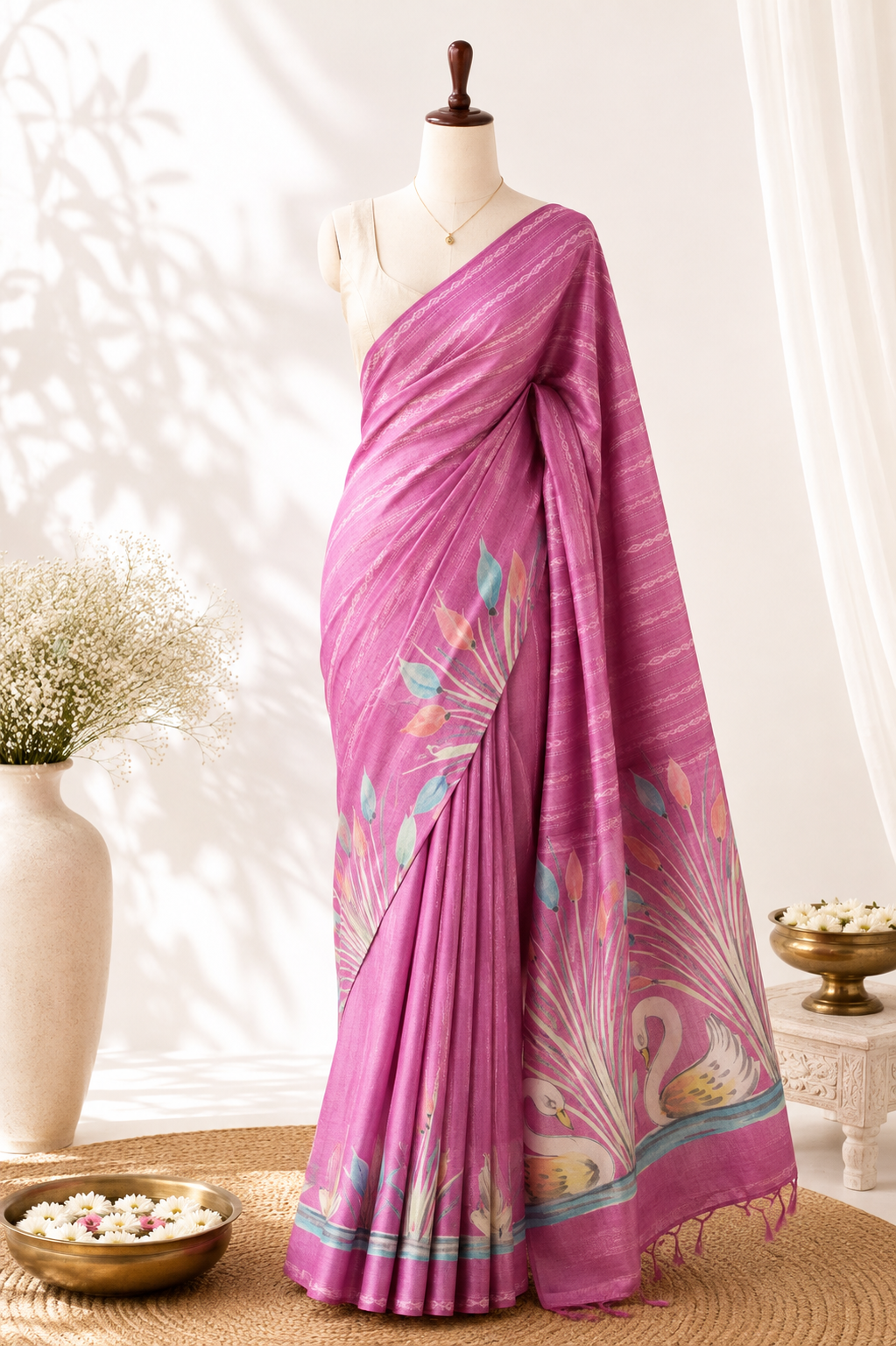 Orchid Purple Tussar Silk Saree— Hand-Painted Swan & Reed Motif