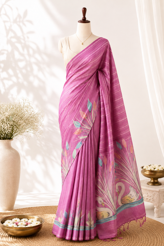 Orchid Purple Tussar Silk Saree— Hand-Painted Swan & Reed Motif