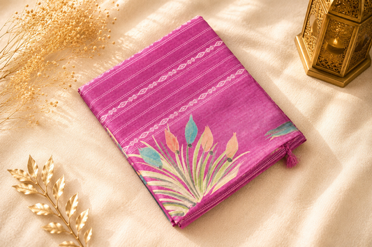 Orchid Purple Tussar Silk Saree— Hand-Painted Swan & Reed Motif