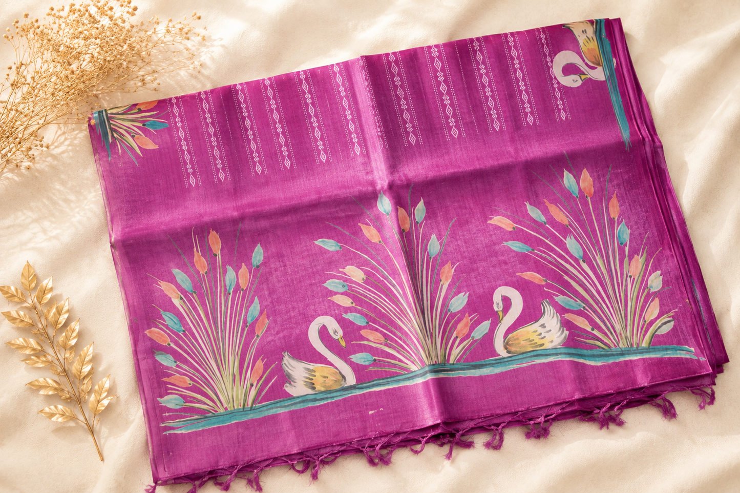 Orchid Purple Tussar Silk Saree— Hand-Painted Swan & Reed Motif