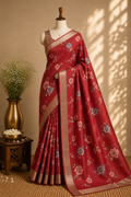 Crimson Red Tussar Silk Saree with Digital Floral Print