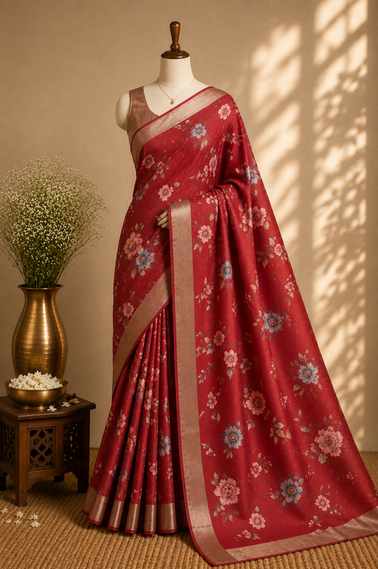 Crimson Red Tussar Silk Saree with Digital Floral Print