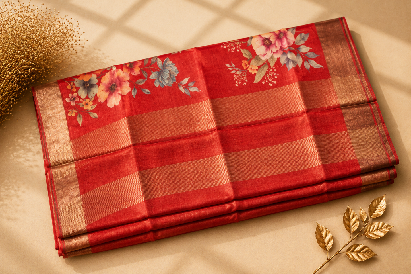 Crimson Red Tussar Silk Saree with Digital Floral Print