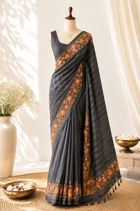 Dark Grey Tussar Silk Saree with Parsi Floral Border