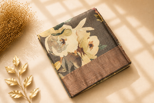 Slate Grey Tussar Silk Saree with Digital Floral Print and Antique Bronze Zari Border