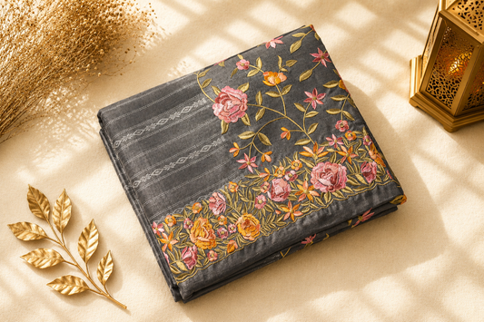 Dark Grey Tussar Silk Saree with Parsi Floral Border