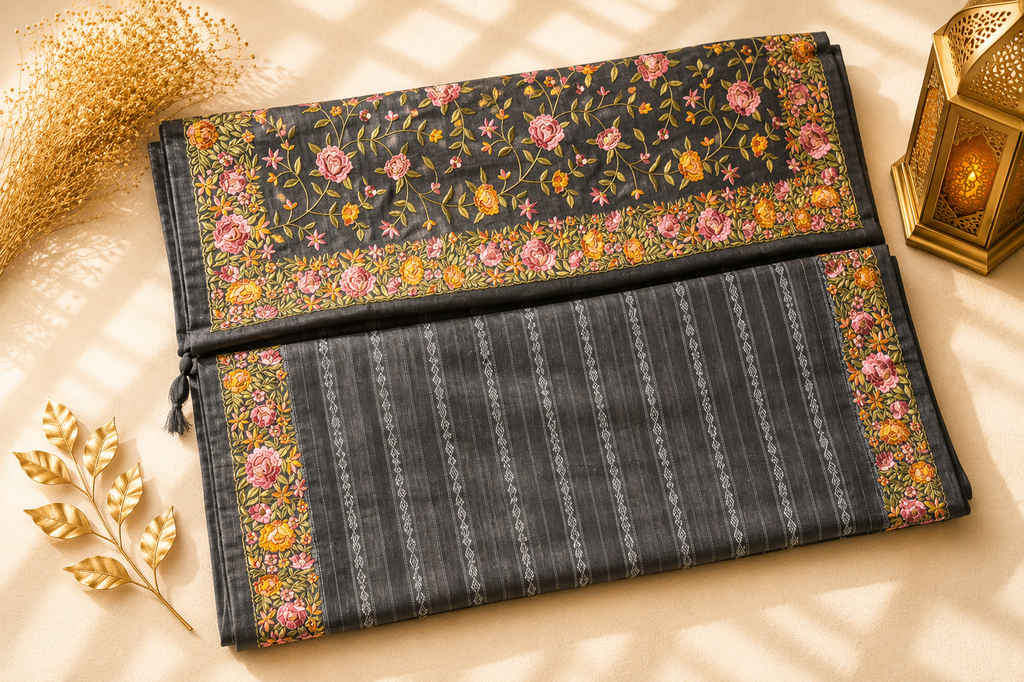 Dark Grey Tussar Silk Saree with Parsi Floral Border