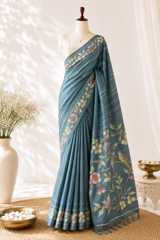 Teal Tussar Silk Saree — Hand-Painted Floral Blossom Motif