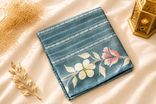 Teal Tussar Silk Saree — Hand-Painted Floral Blossom Motif