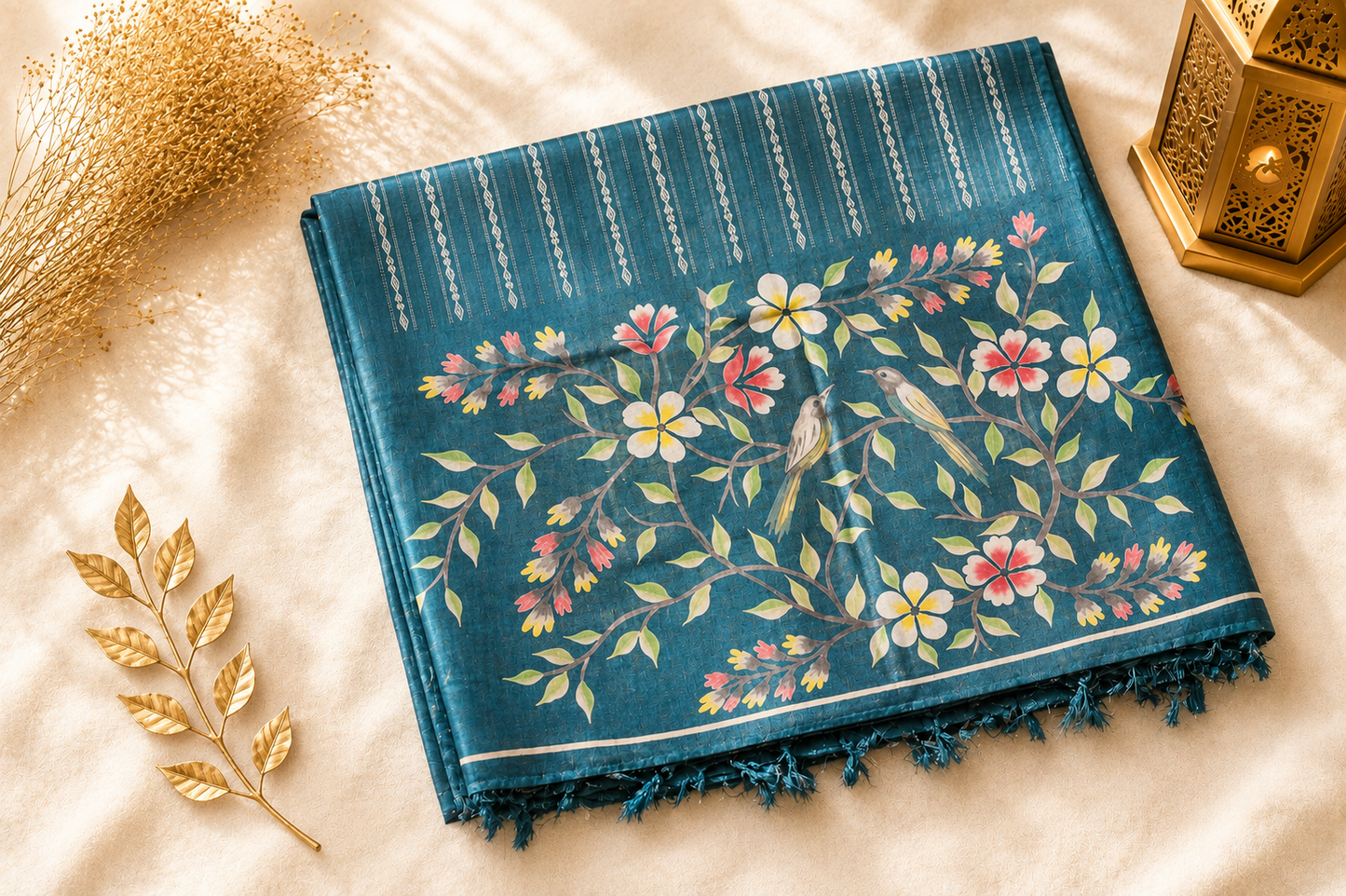 Teal Tussar Silk Saree — Hand-Painted Floral Blossom Motif