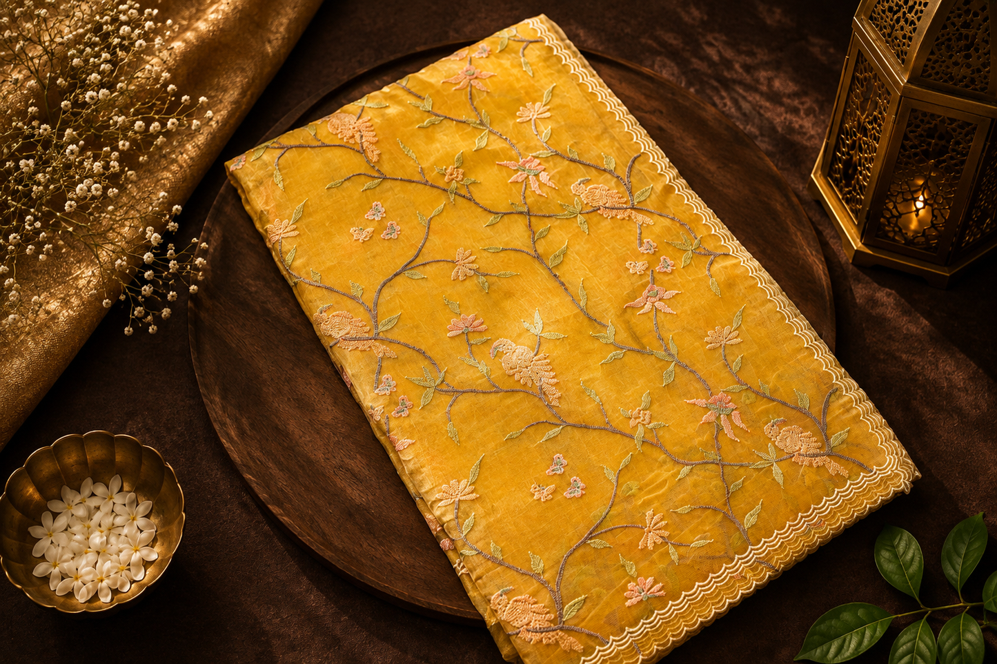 Golden Vine — Semi Organza Saree with Floral Vine Embroidery