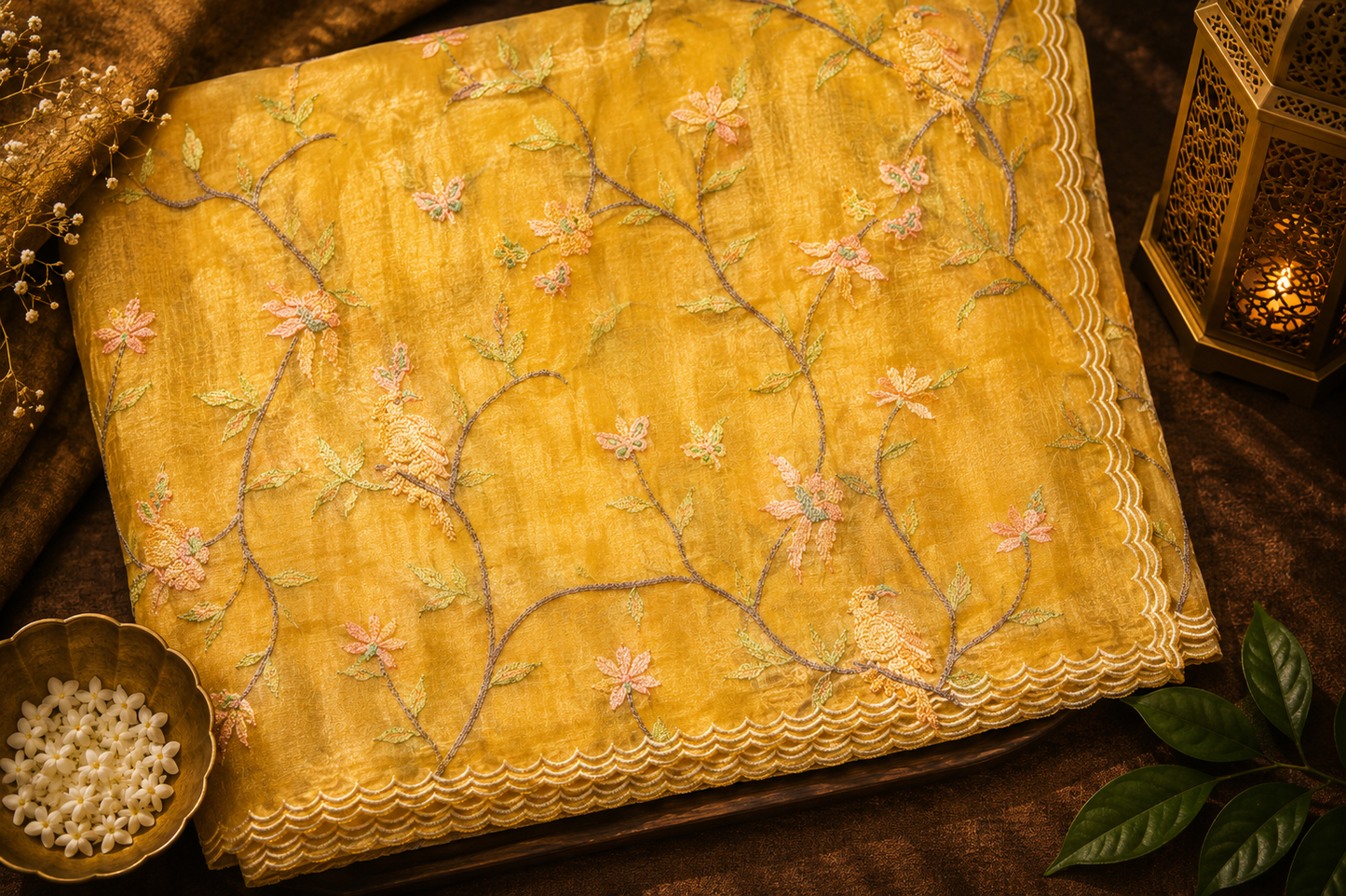 Golden Vine — Semi Organza Saree with Floral Vine Embroidery