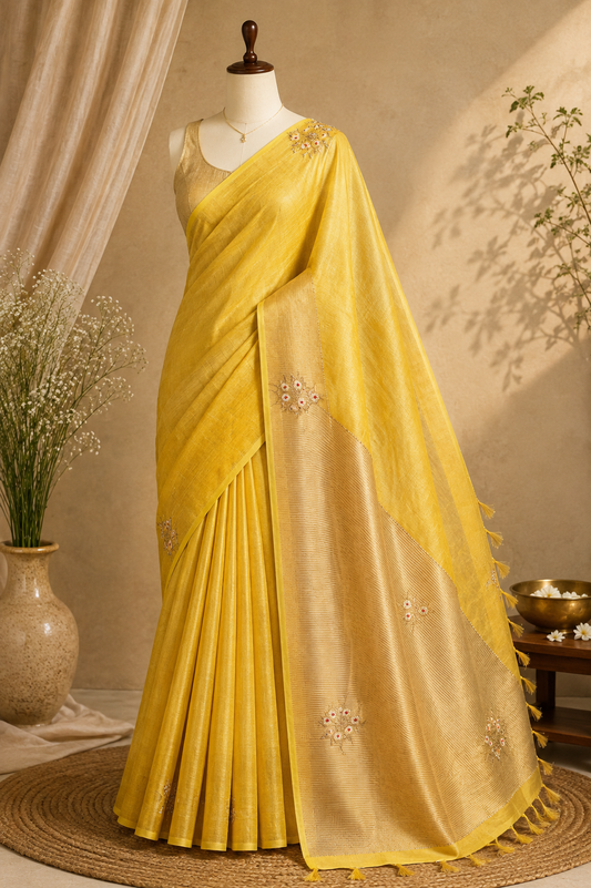 Yellow Bhagalpuri Silk Saree