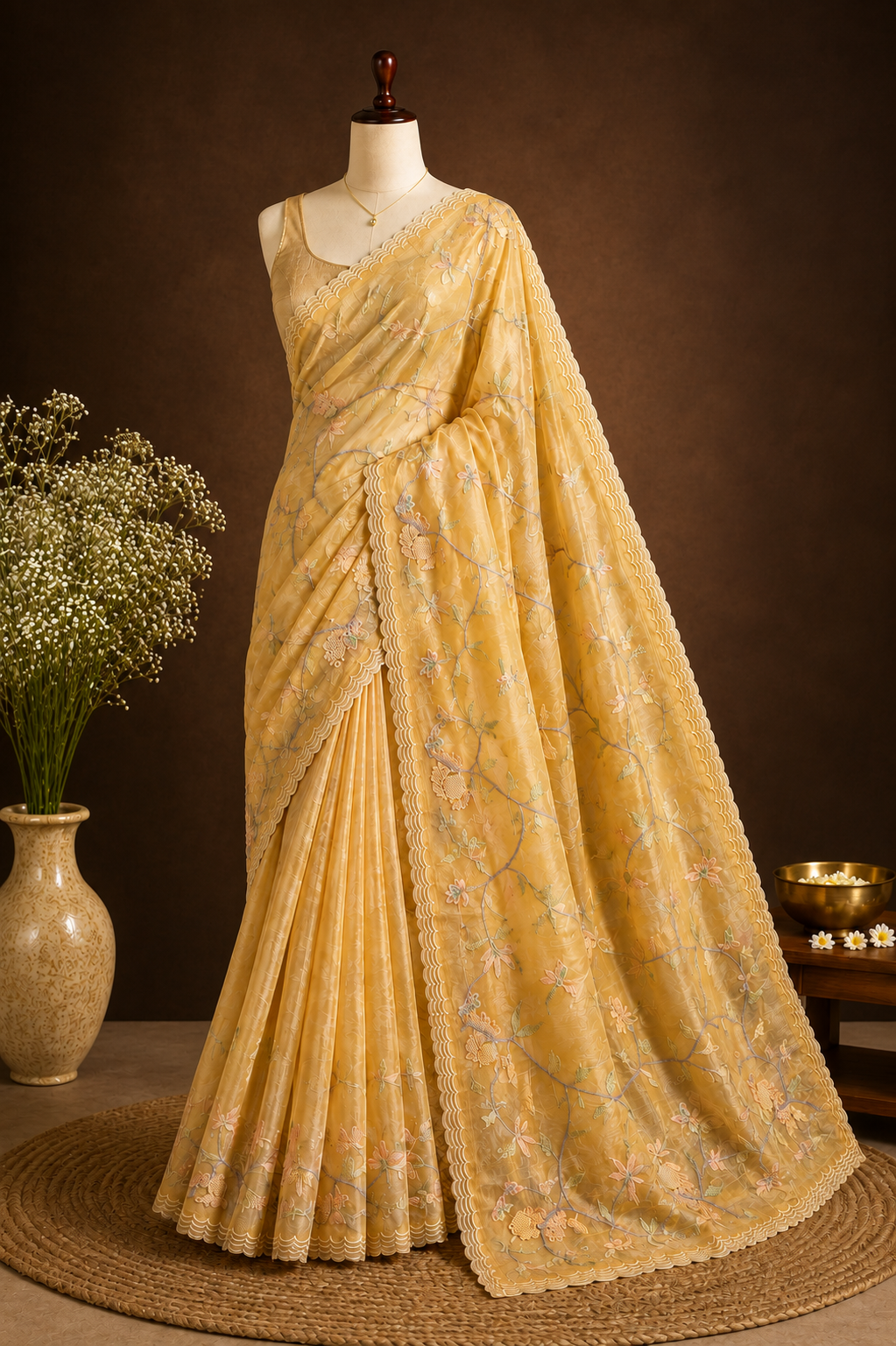 Golden Vine — Semi Organza Saree with Floral Vine Embroidery