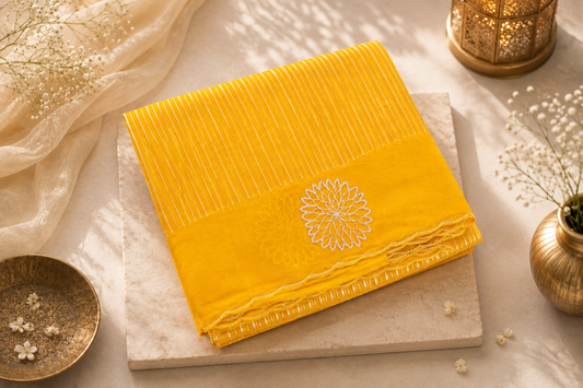 Mustard Yellow Organza Saree with Silver Stripes